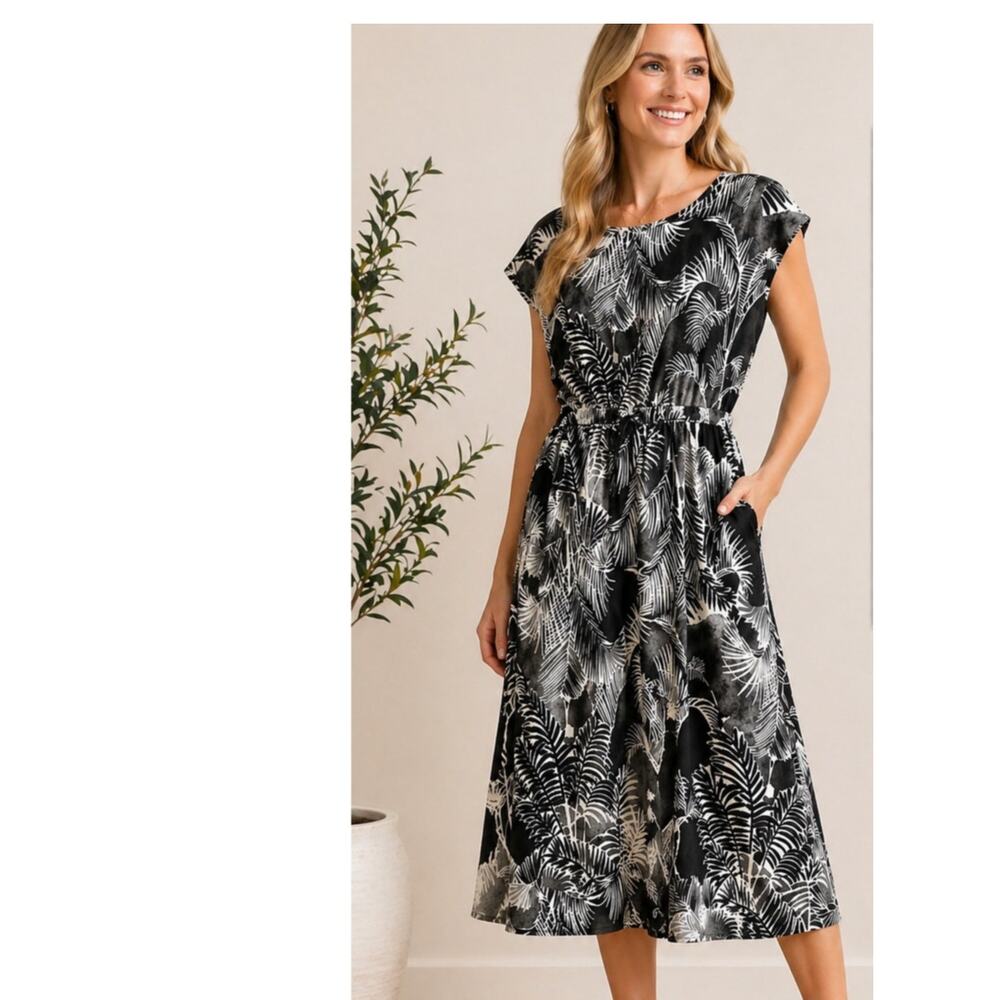 T by Talbots Palm Print Dress Small Black White Elastic Waist Stretch Midi